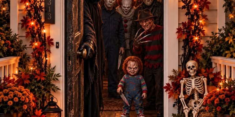 A Halloween front porch at night with costumed horror movie characters standing in an open doorway, glowing jack-o-lanterns, a seated skeleton, fall garlands, and a welcome mat.