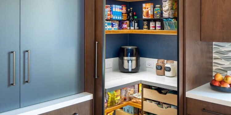 A hidden corner pantry behind dark wood cabinet doors with navy walls, wood floating shelves, LED strip lighting, and pull-out drawers of snacks.