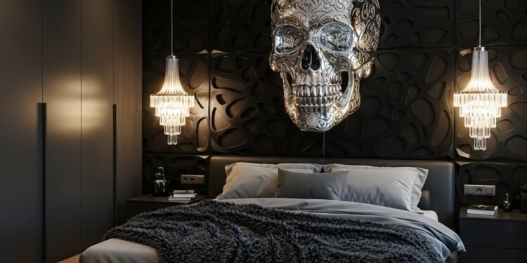 A moody bedroom with a large ornate silver skull sculpture mounted on a black 3D-paneled wall above a leather bed and crystal pendants.